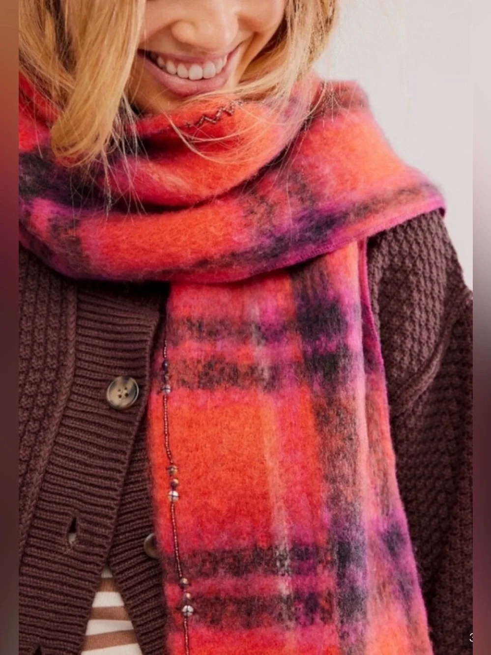 Free People Beaded Plaid Scarf – Pink Combo / NWT